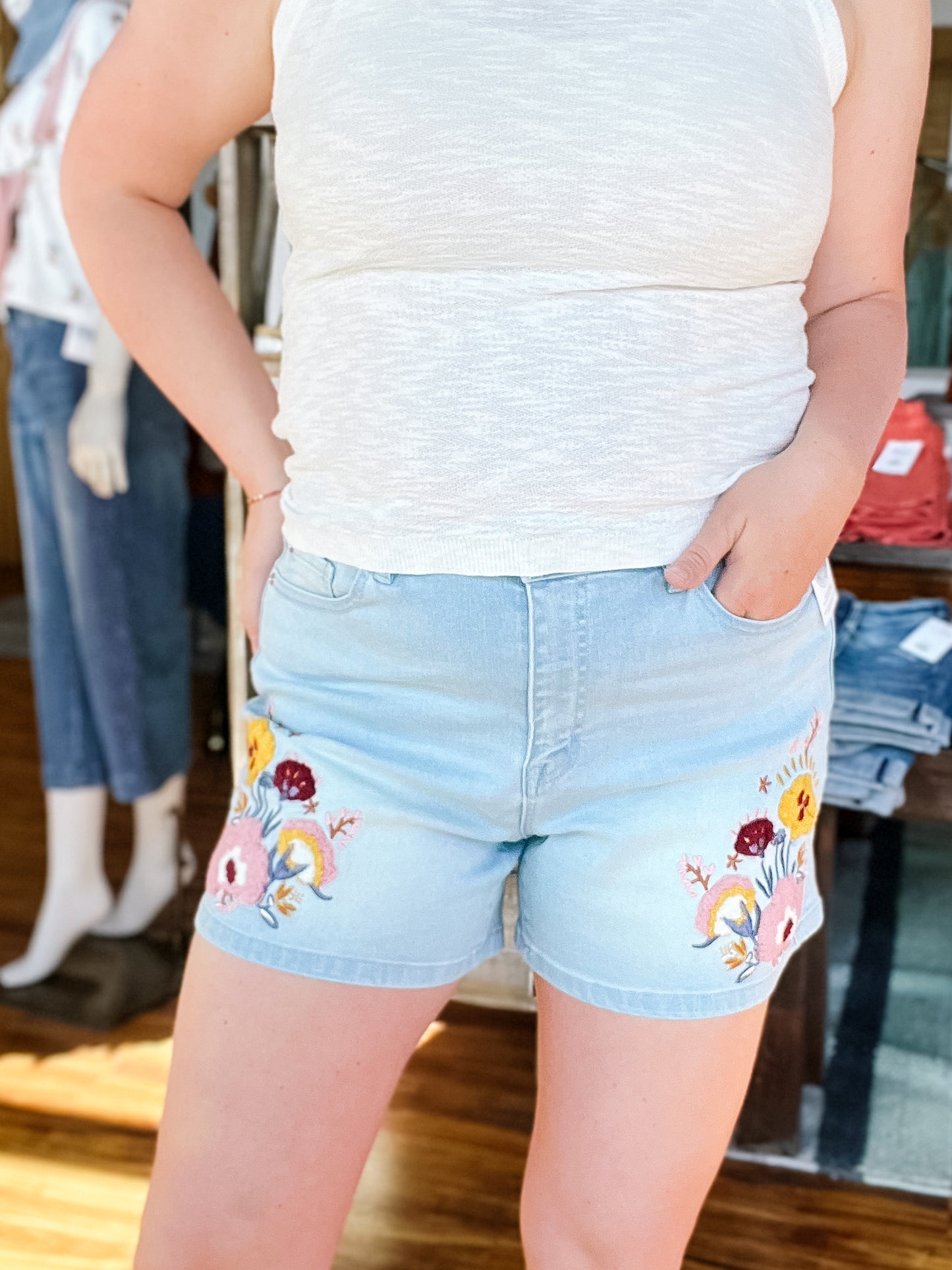 Denim Embroidered Front Short