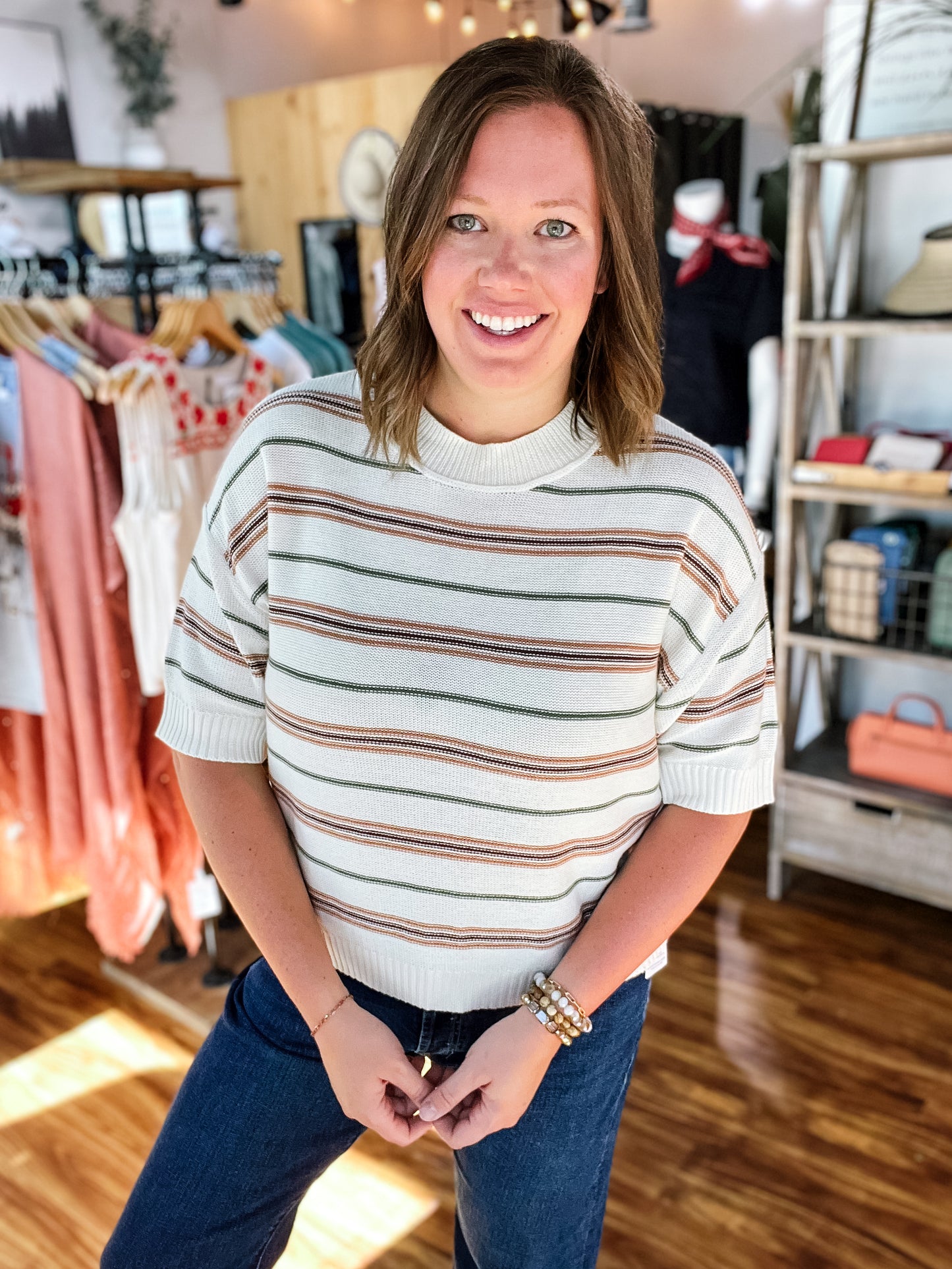 Vanilla Striped Drop Shoulder Short Sleeve Sweater