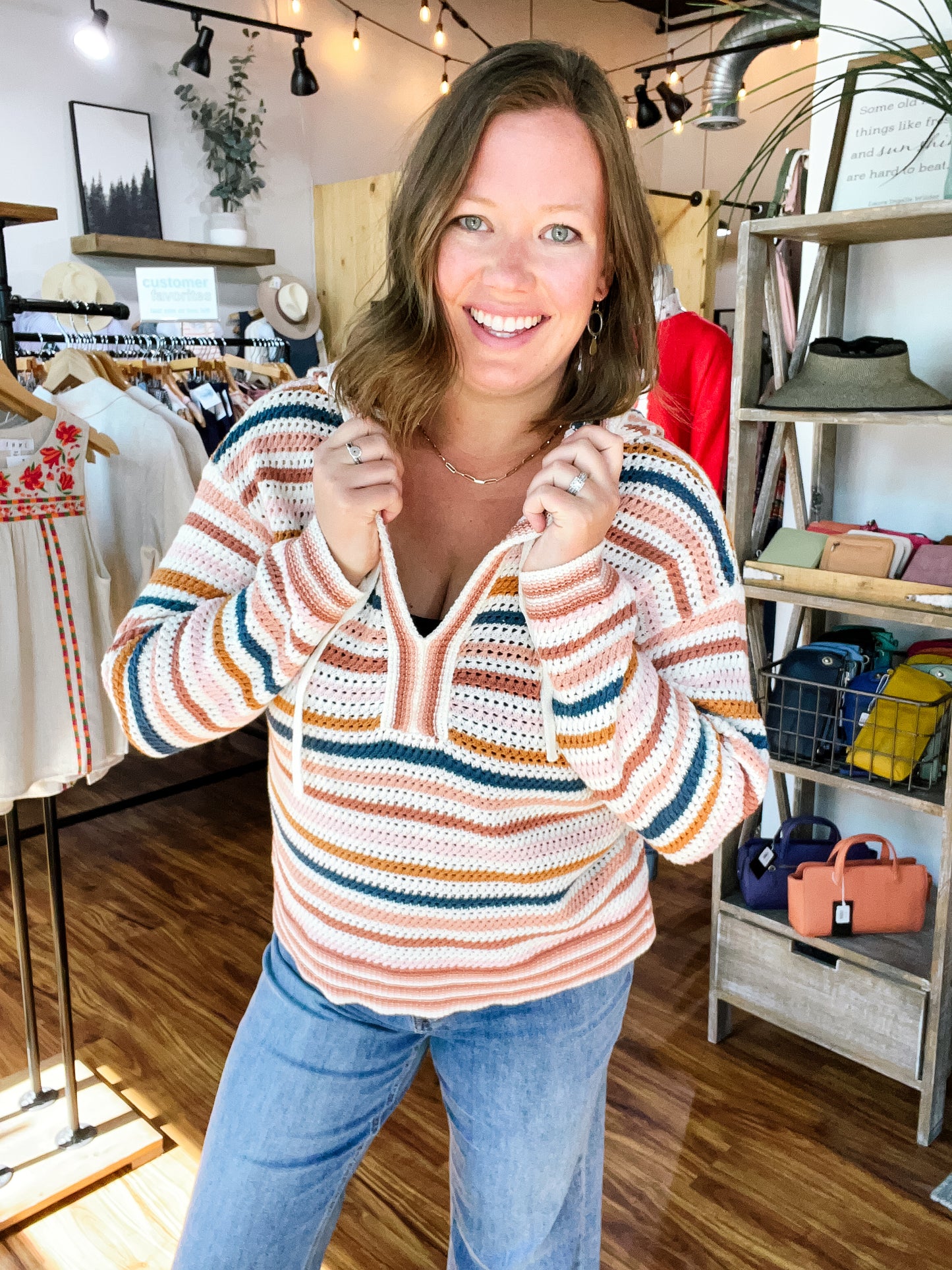 Cream Stripe Hooded Sweater