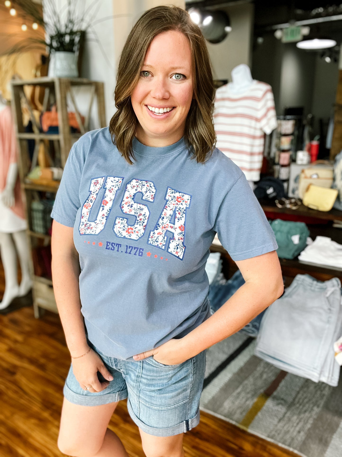 Blue Floral USA T-Shirt