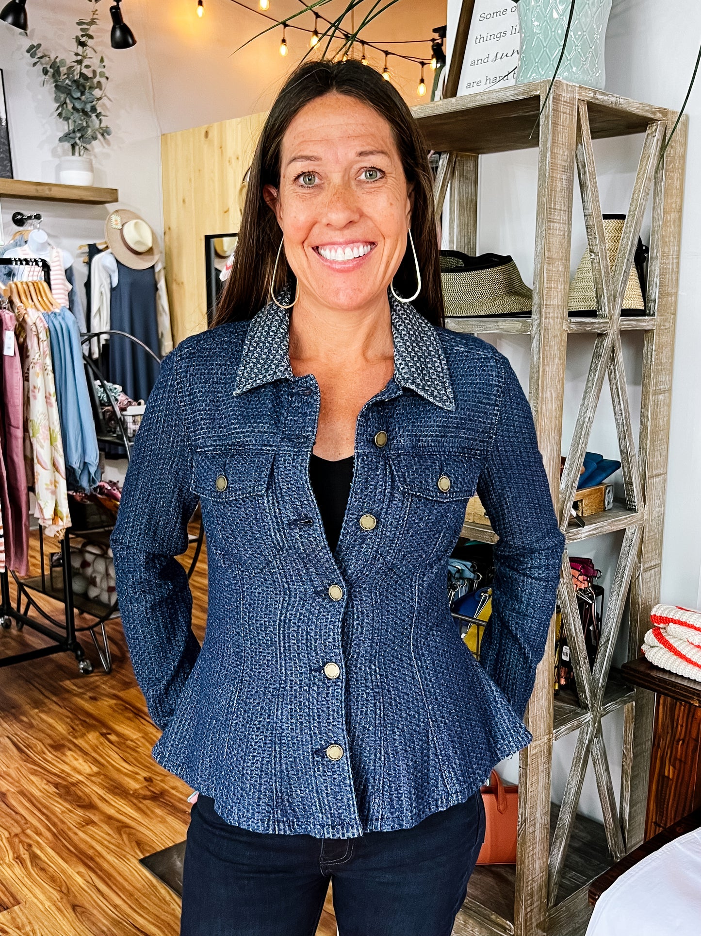 Dark Wash Textured Fit & Flare Jacket