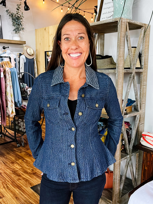 Dark Wash Textured Fit & Flare Jacket