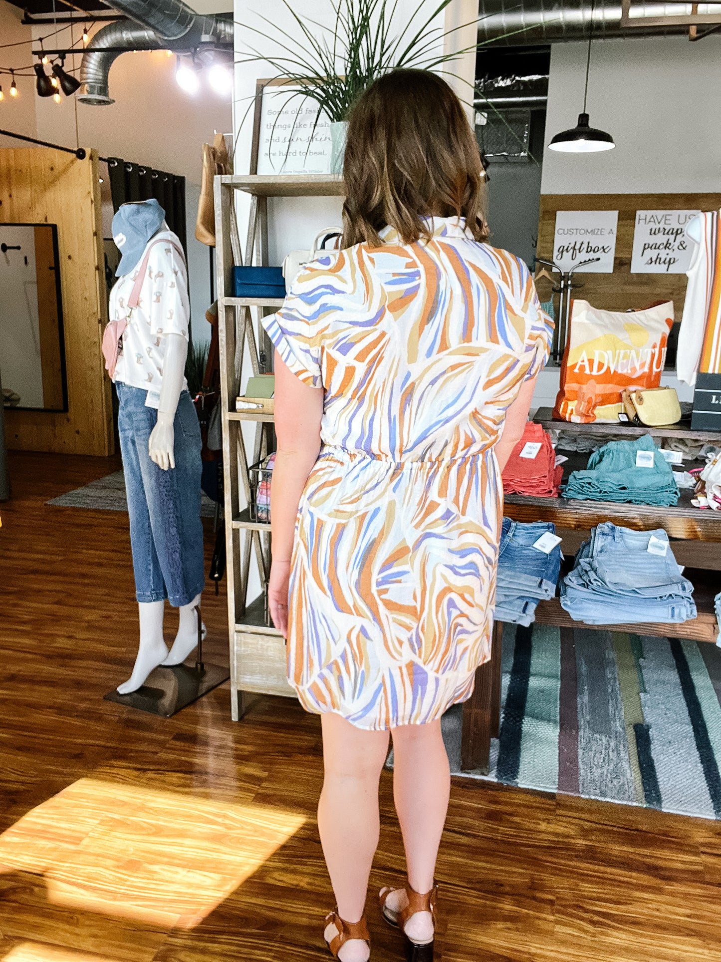 Blue, Cream & Gold Print Dress