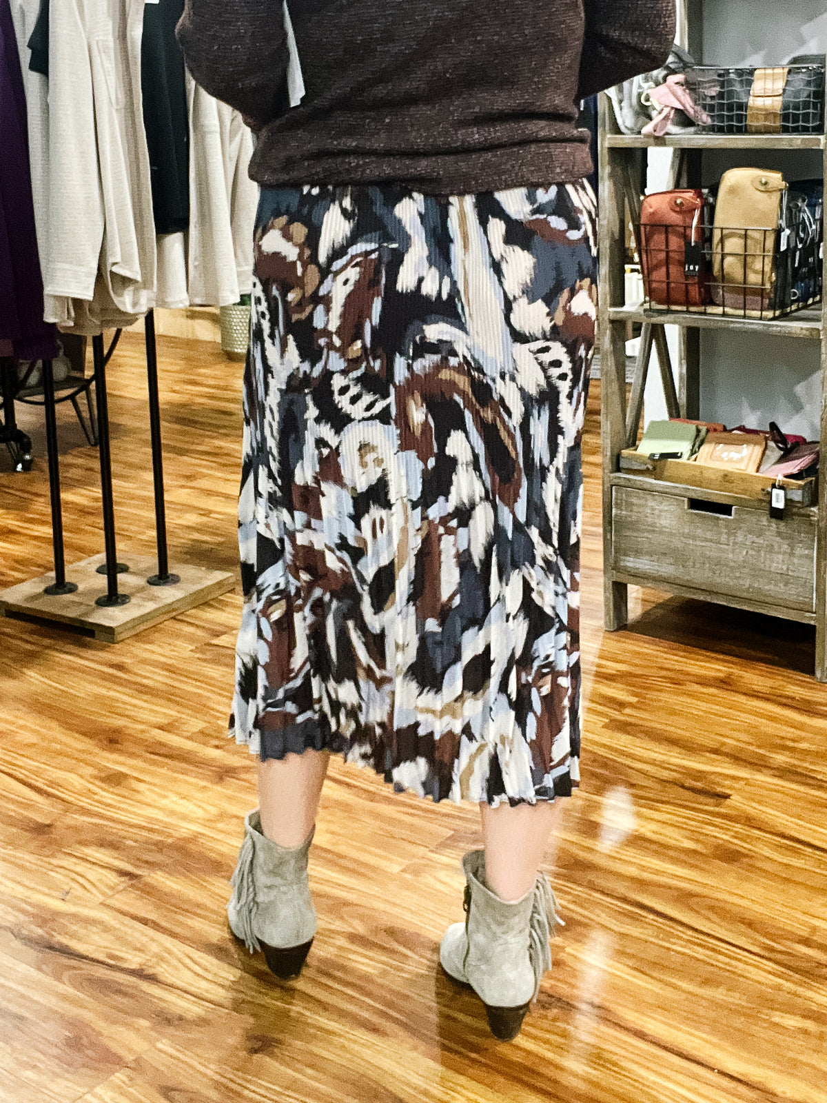 Brown Printed Plisse Skirt