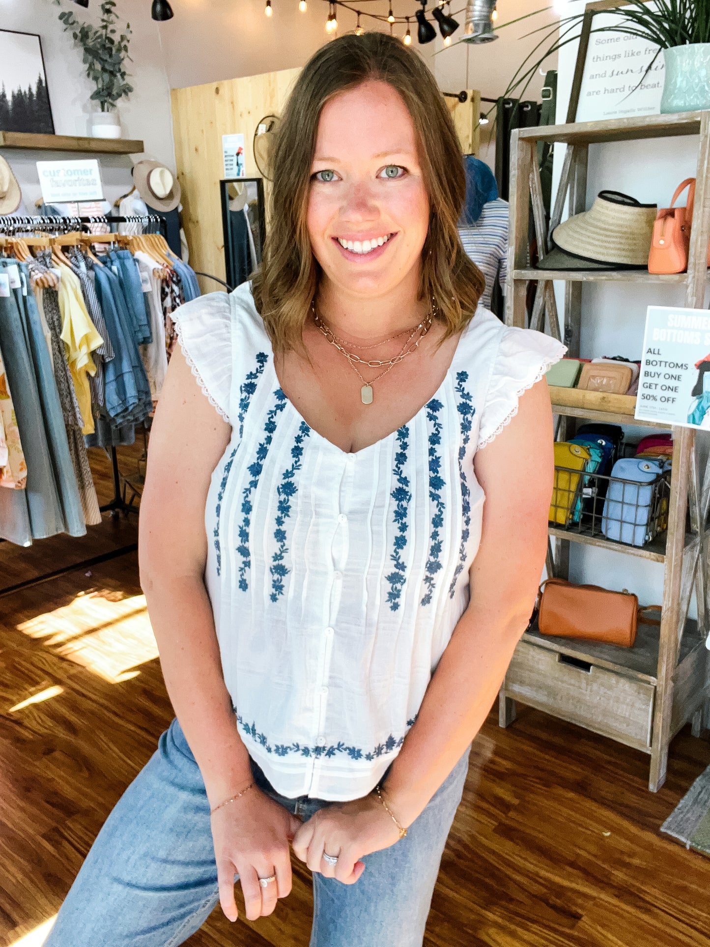 White & Blue Embroidered Button Front Top