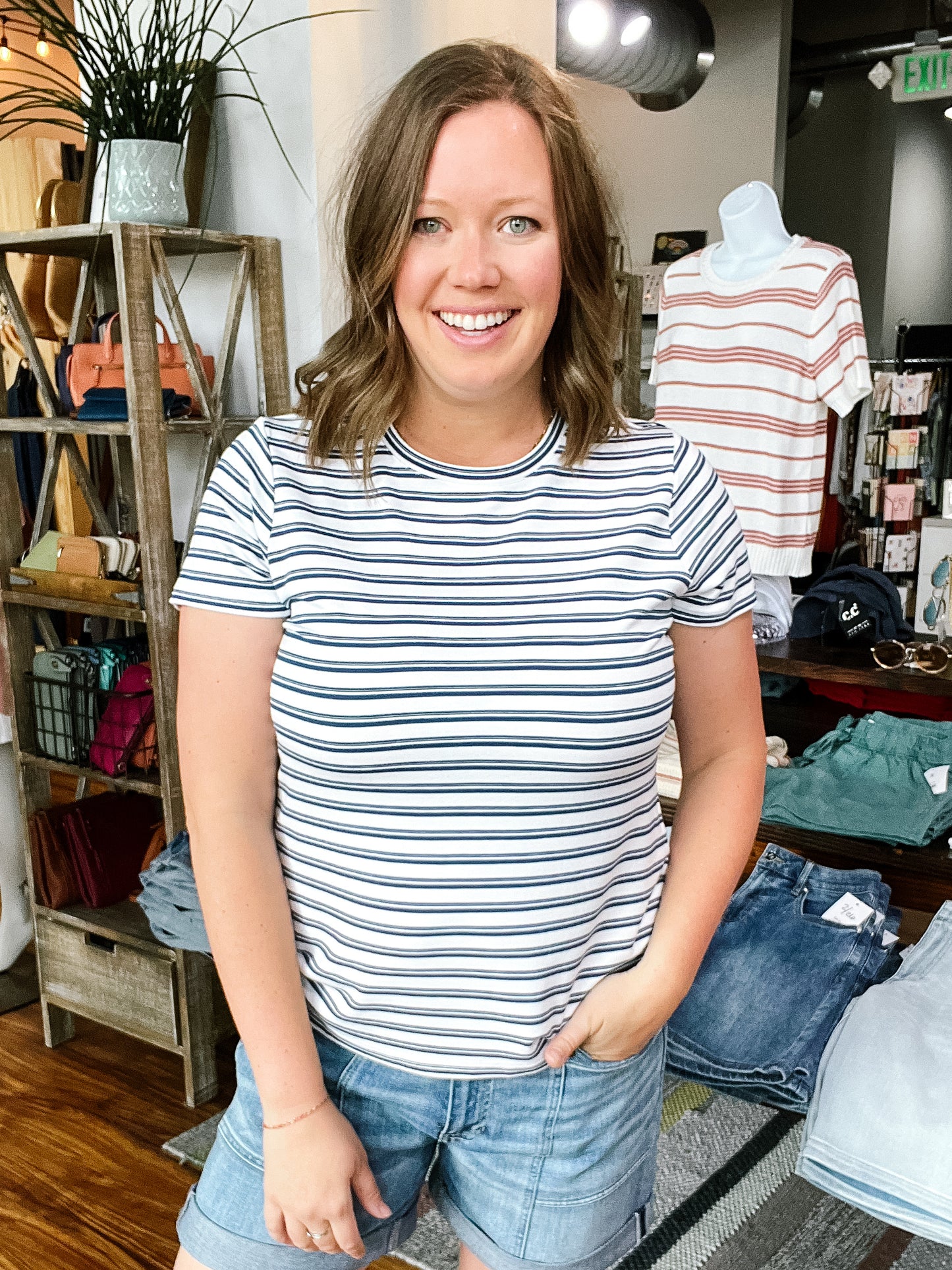 White W/ Navy Stripes Slim Fit Tee