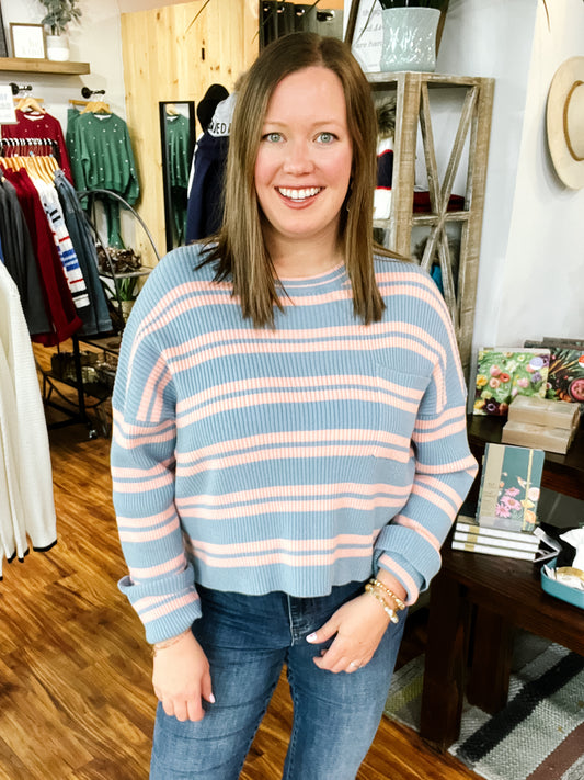 Light Blue & Pink Stripe Crop Sweater