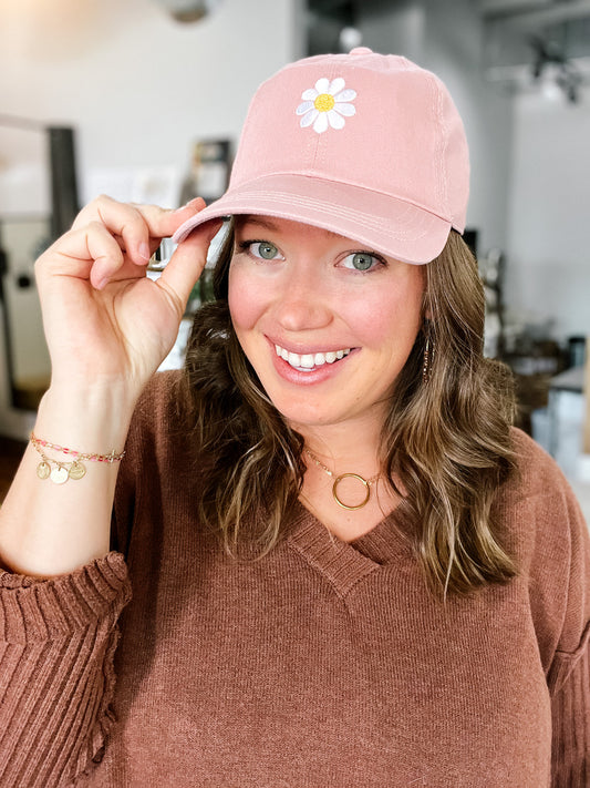 Daisy Embroidered Pink Cap