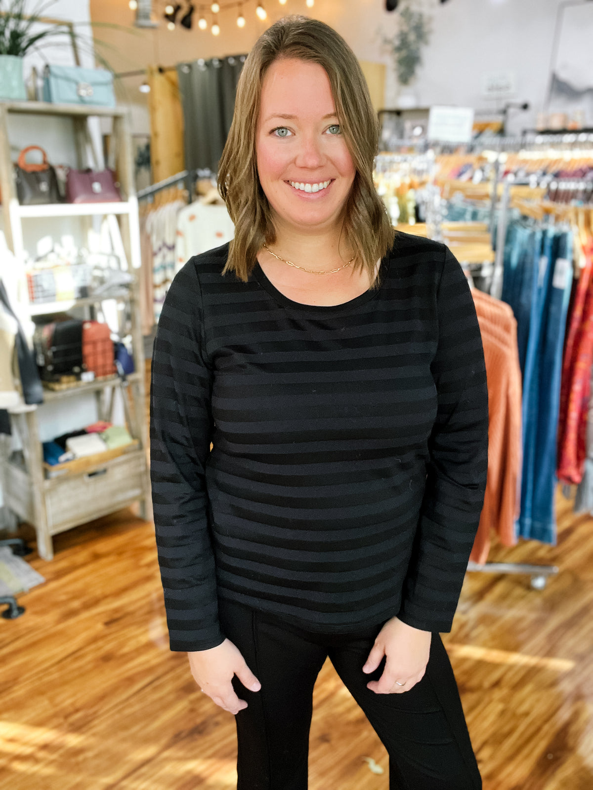 Black Shadow Stripe Long Sleeve Top