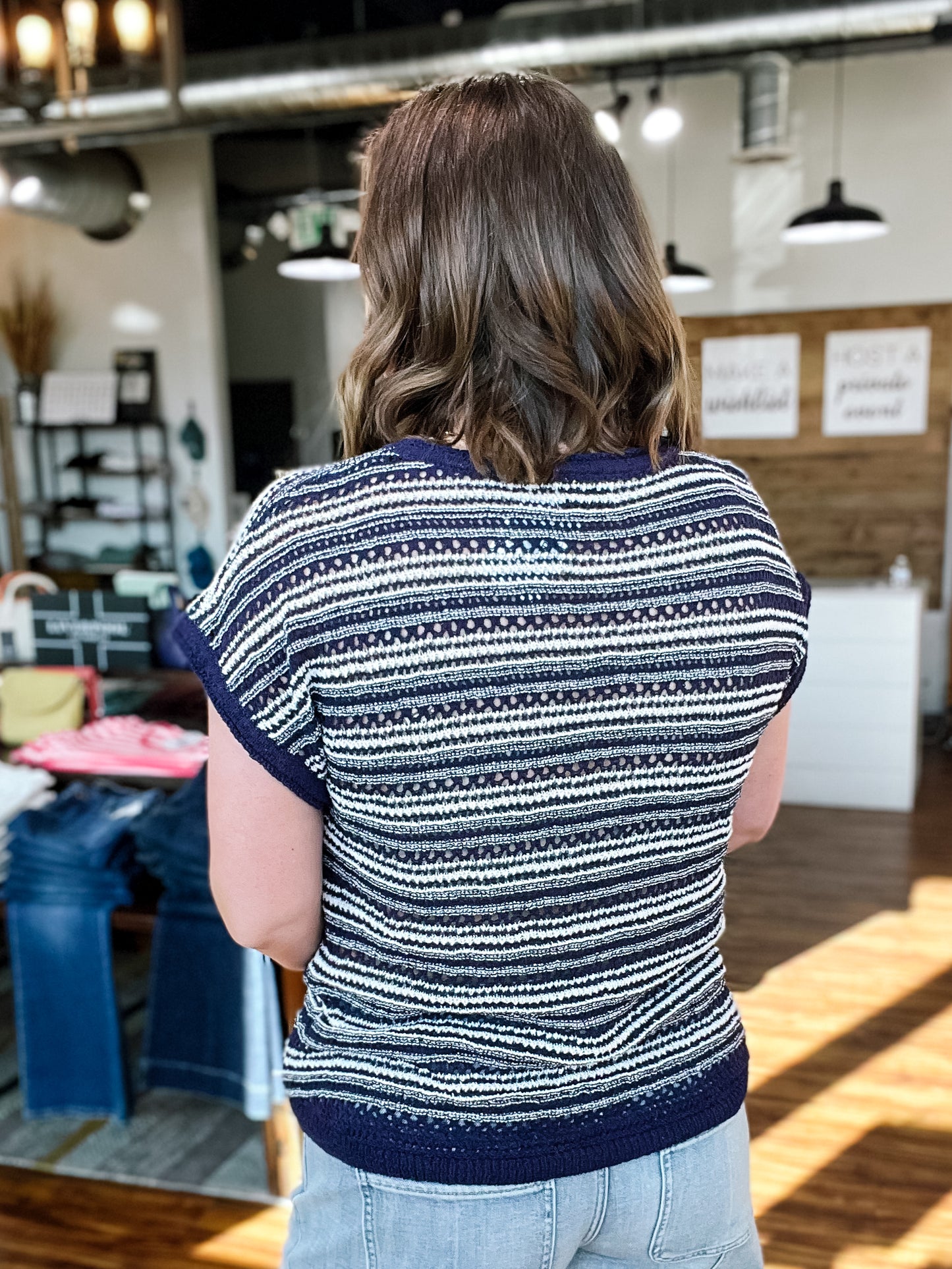 Navy W/White Stripe Crochet Knit Sweater