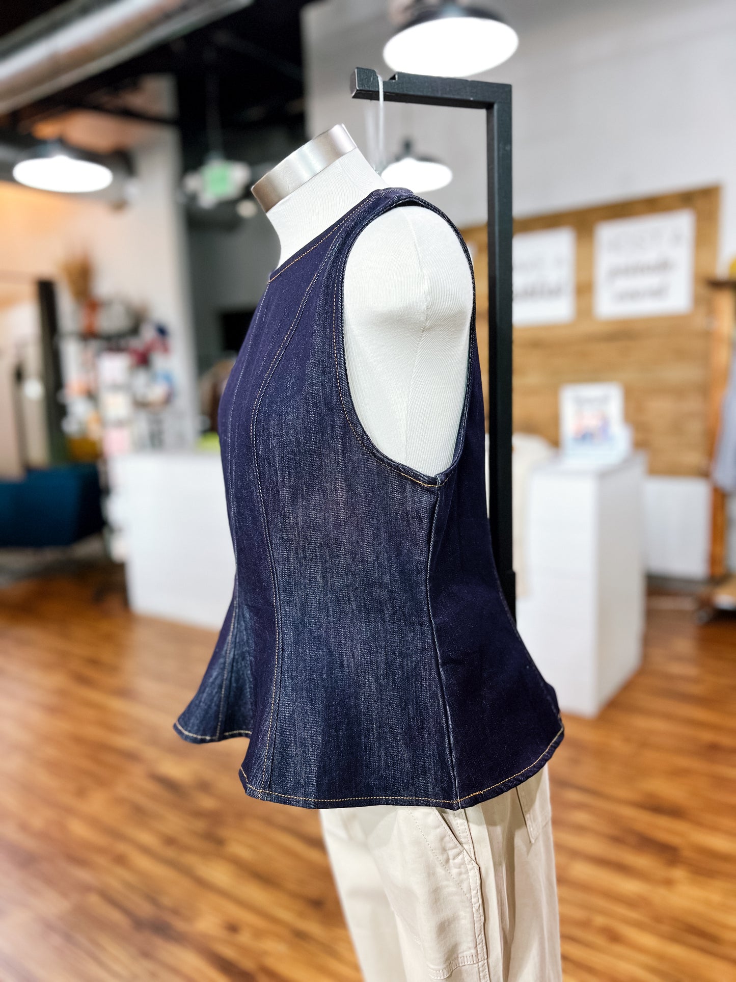 Dark Wash Denim Sleeveless Flare Top