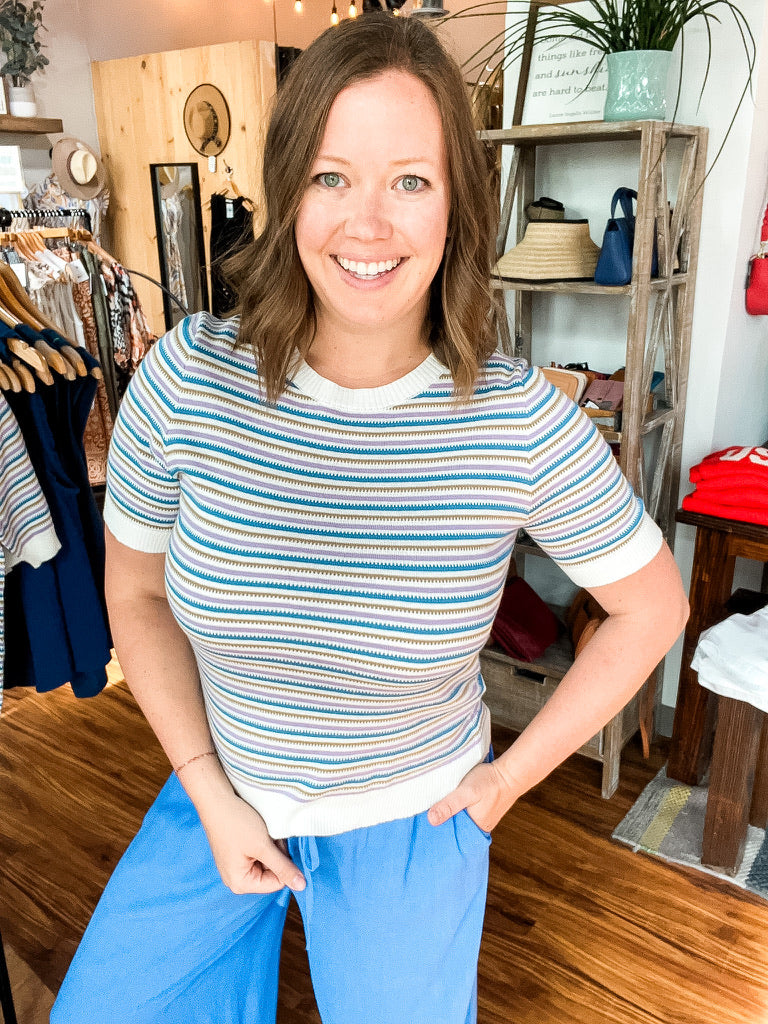 Cream Stripe Short Sleeve Sweater