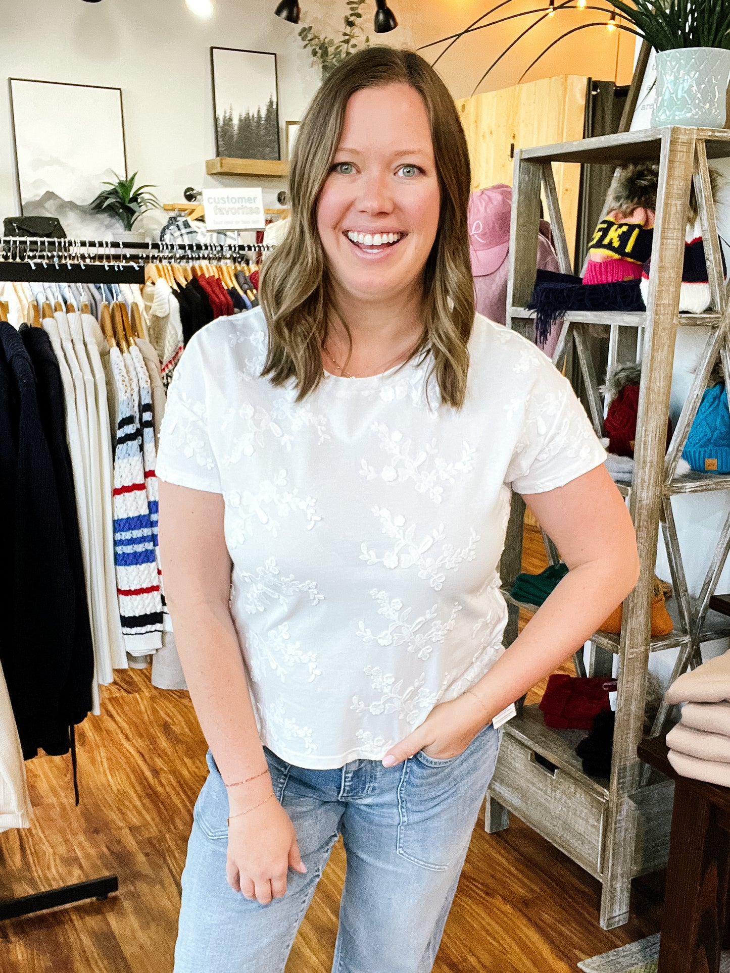 White W/Floral Embellishments Top