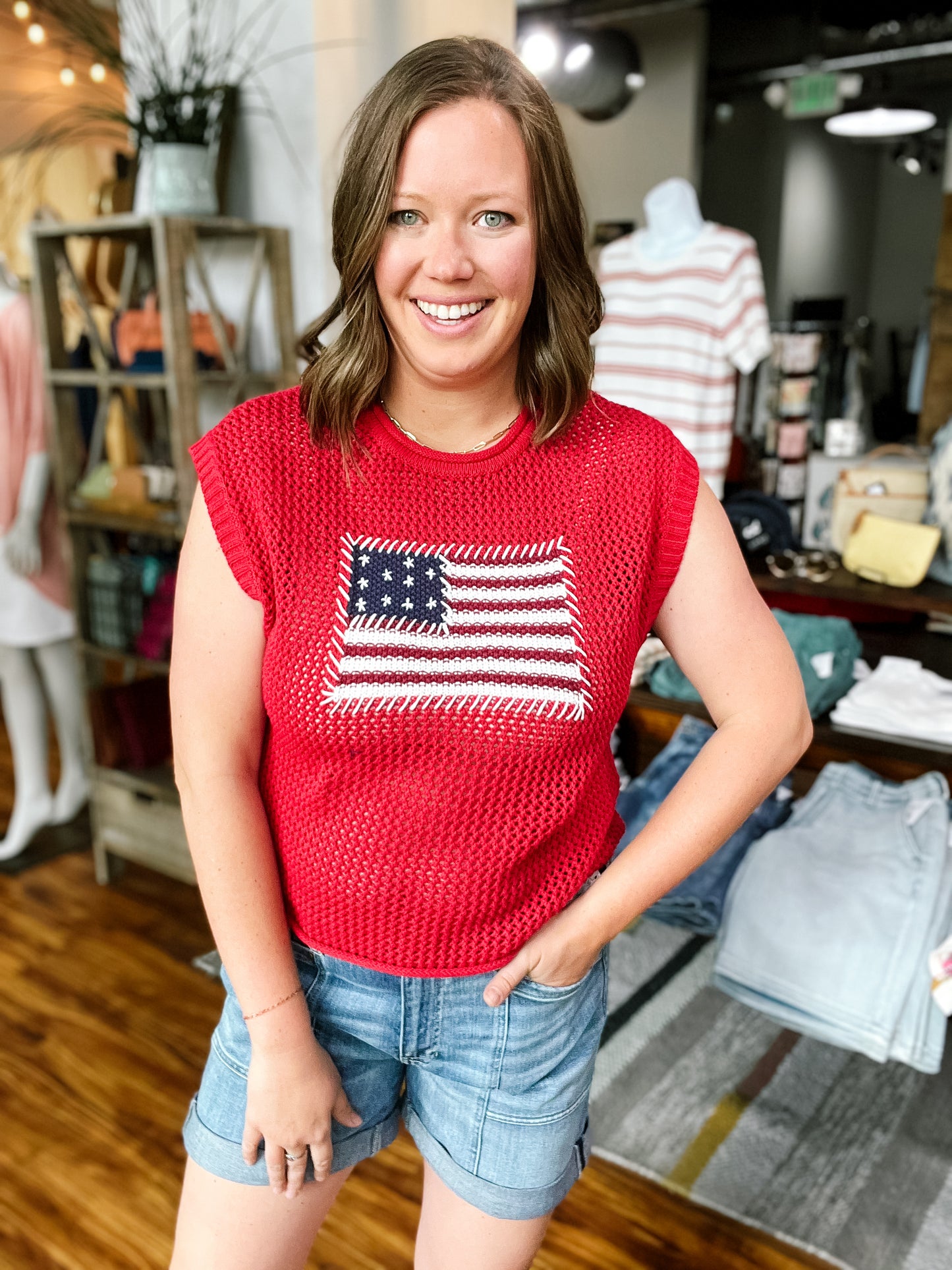 Red Sleeveless Flag Sweater