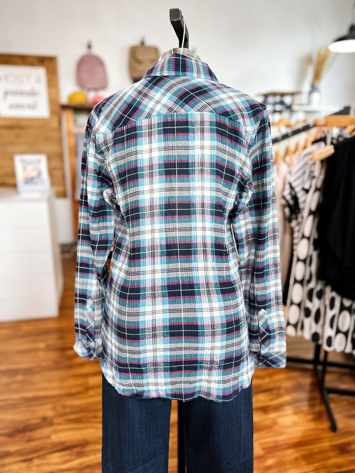 Teal Plaid Textured Top