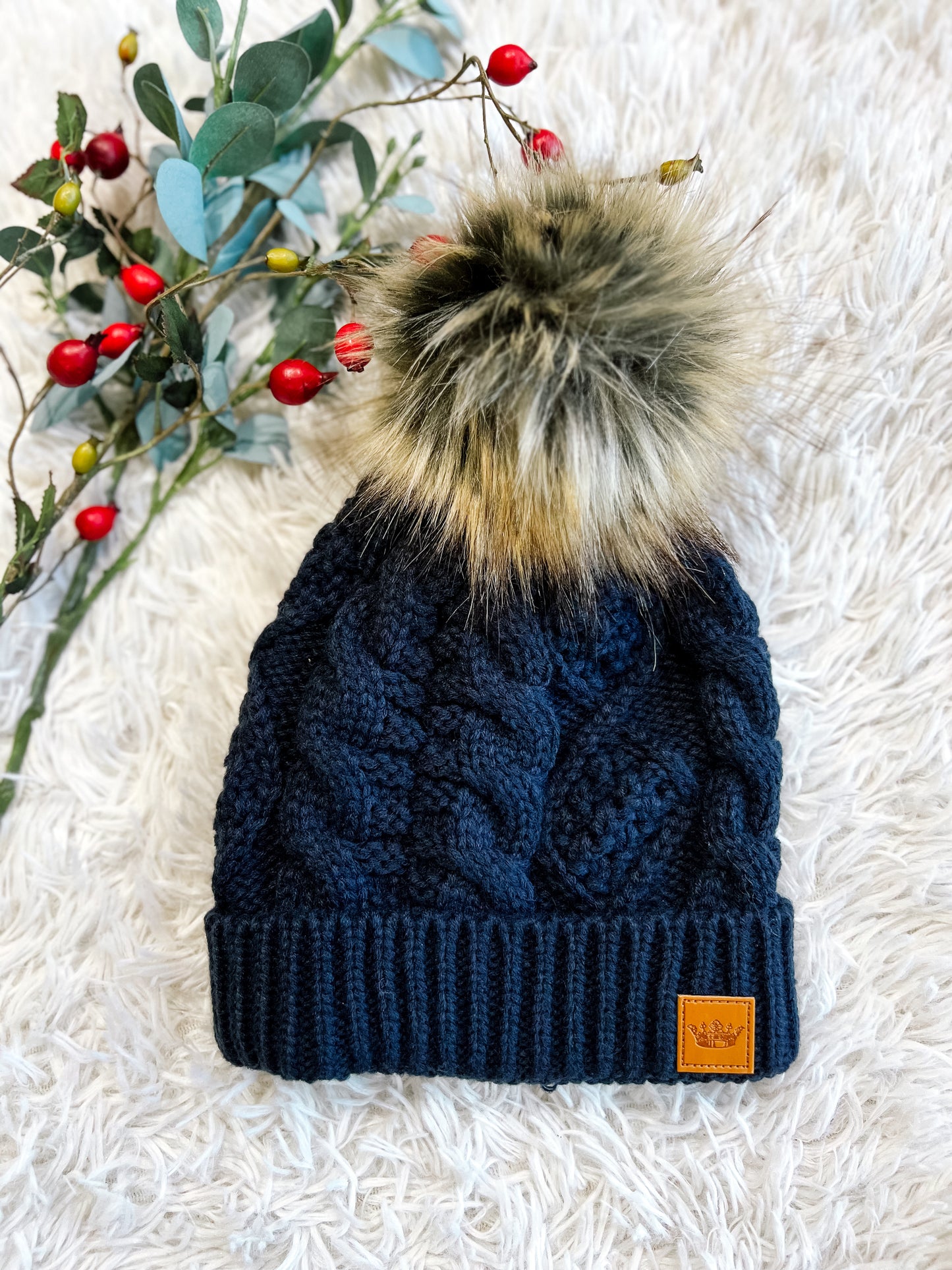 Navy Cable Pom Pom Beanie