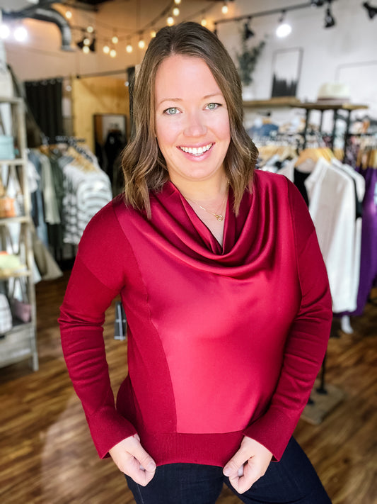 Cranberry Long Sleeve Drape Neck Hybrid Top