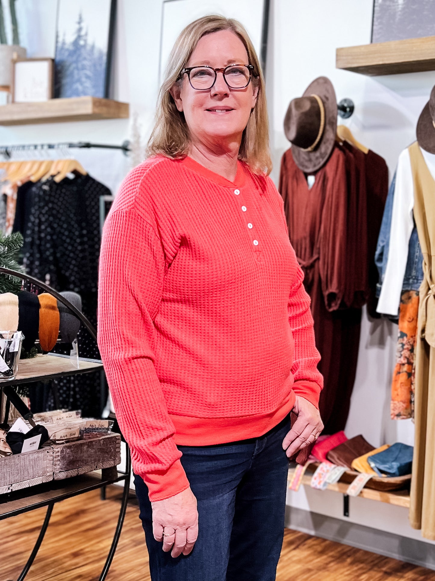 Coral Waffle Knit Henley Top