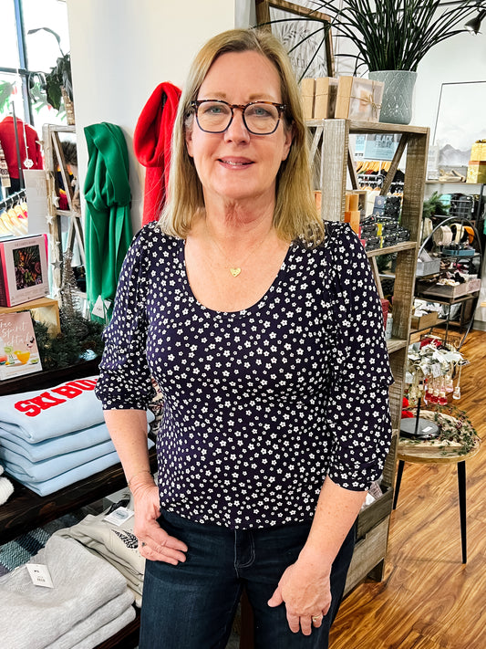 Navy Daisy Ruffle Sleeve Top