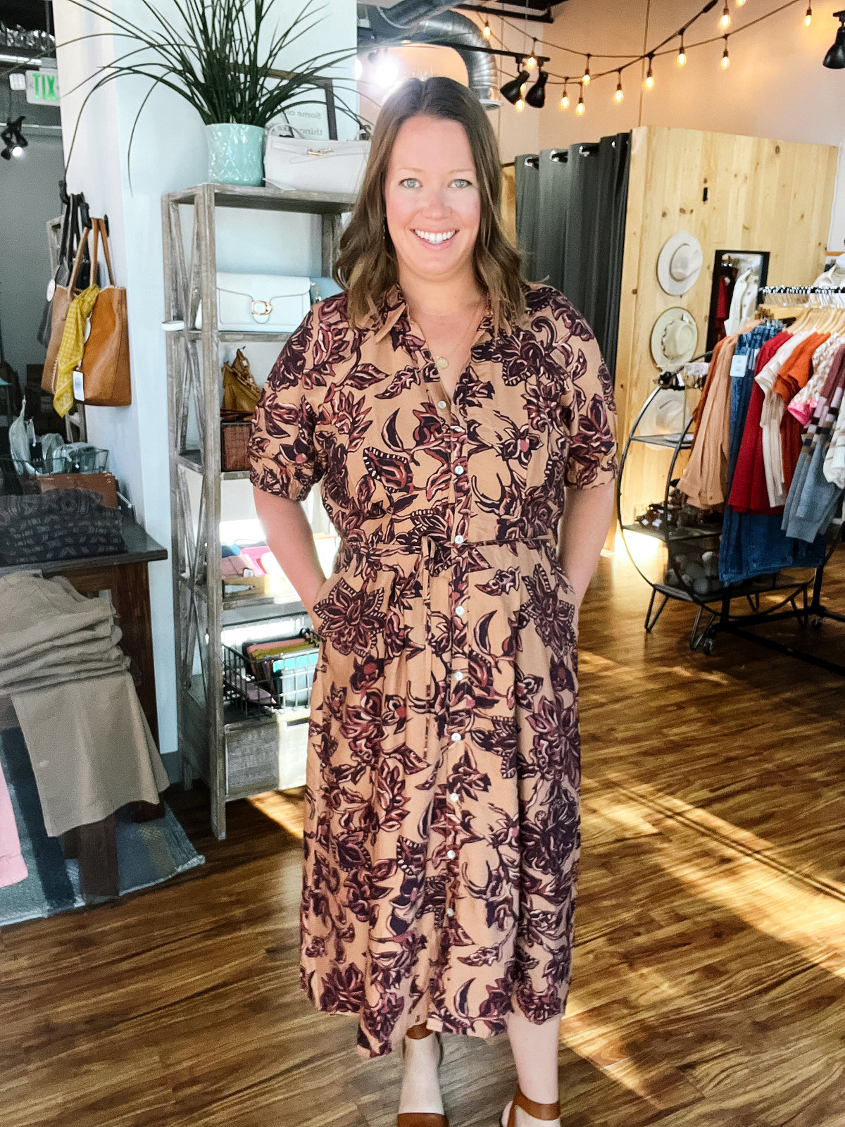 Brown Tie Waist Floral Print Dress