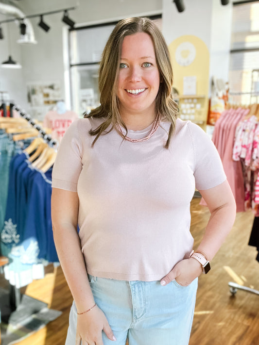 Dusty Pink Short Sleeve Round Neck Sweater