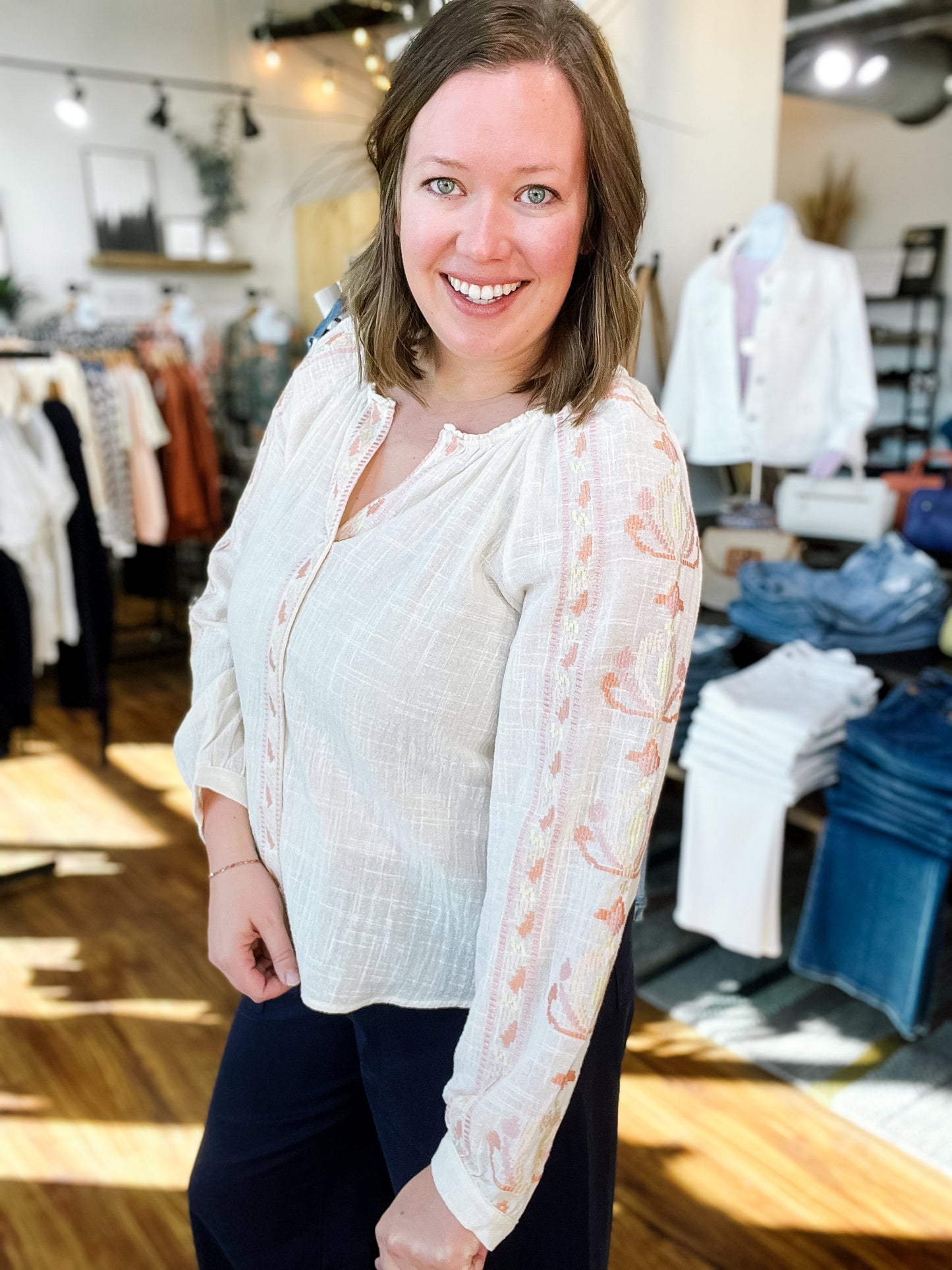 Cream & Pink Embroidered Sleeve Top