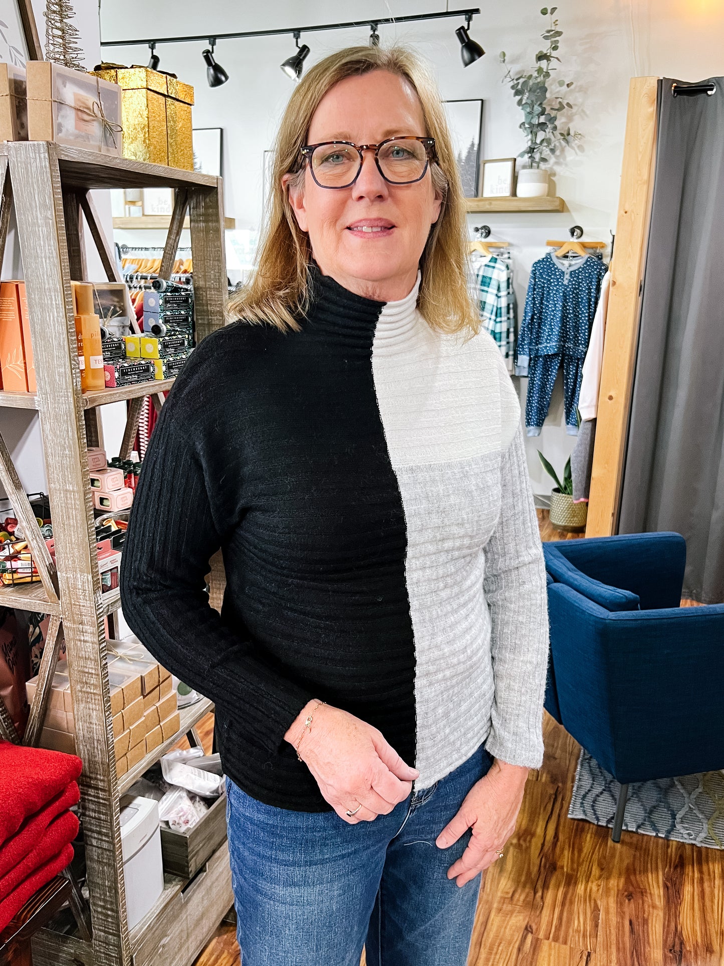 Black, Grey & White Funnel Neck Sweater