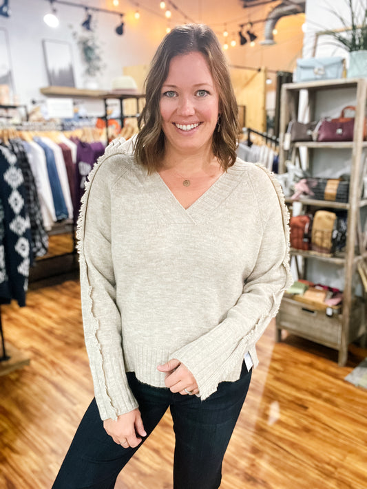 Camel V Neck Sweater W/ Fringe