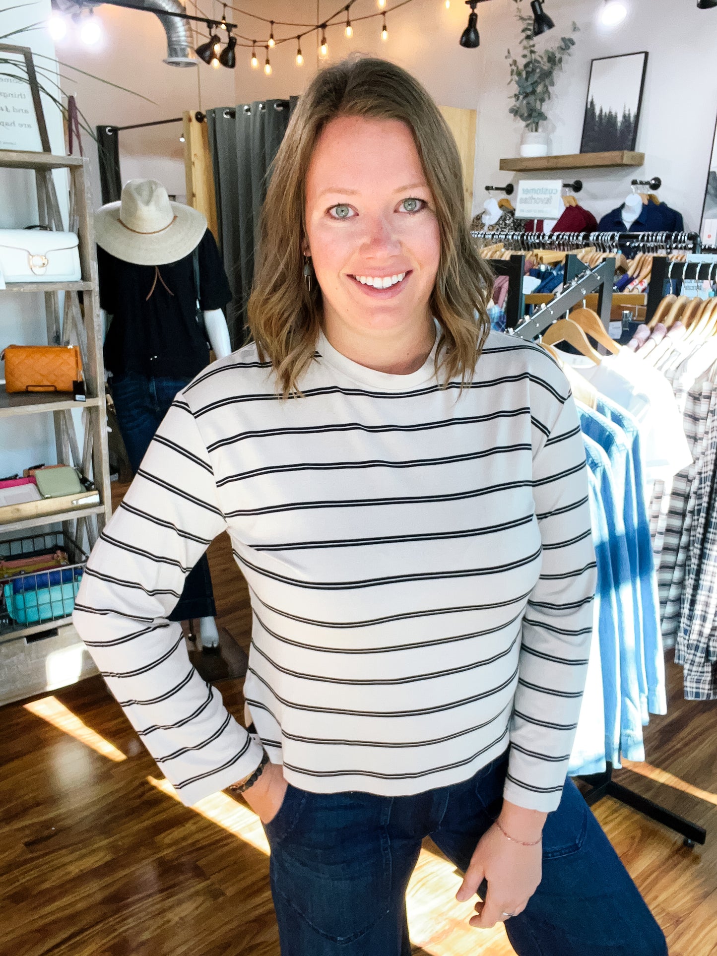 Cream W/Black Stripe Long Sleeve Top