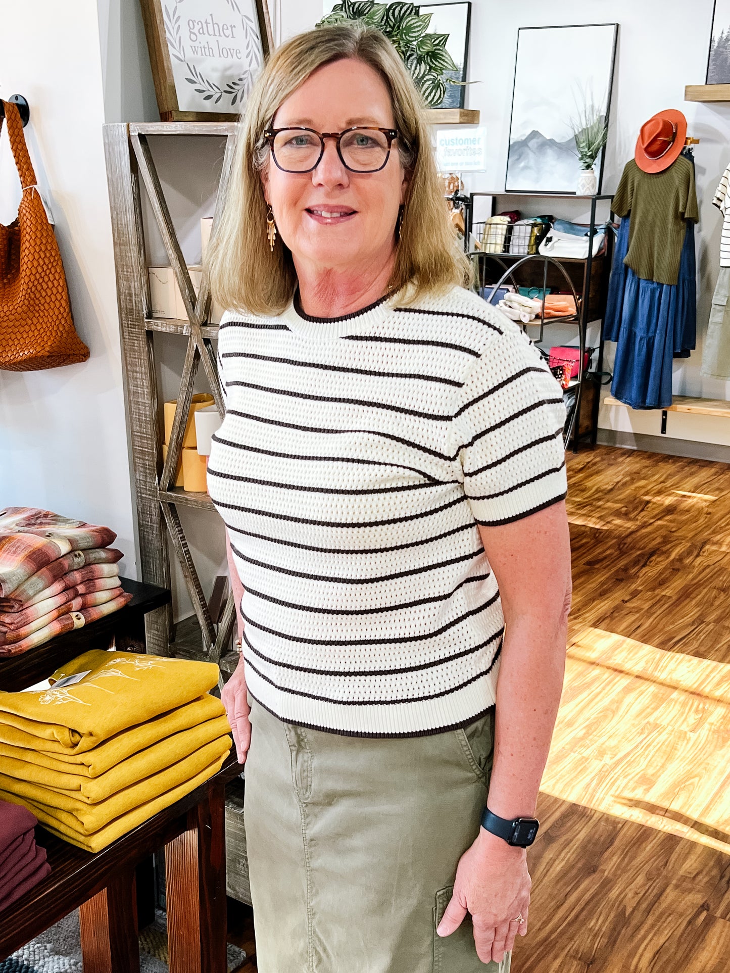 Ivory & Brown Striped Short Sleeve Sweater