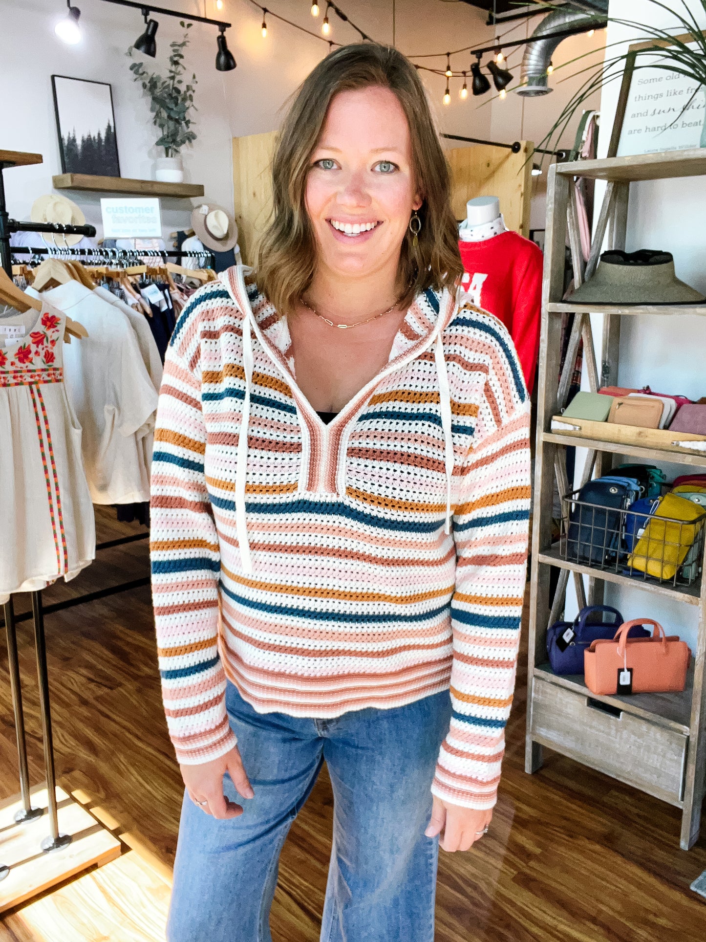 Cream Stripe Hooded Sweater