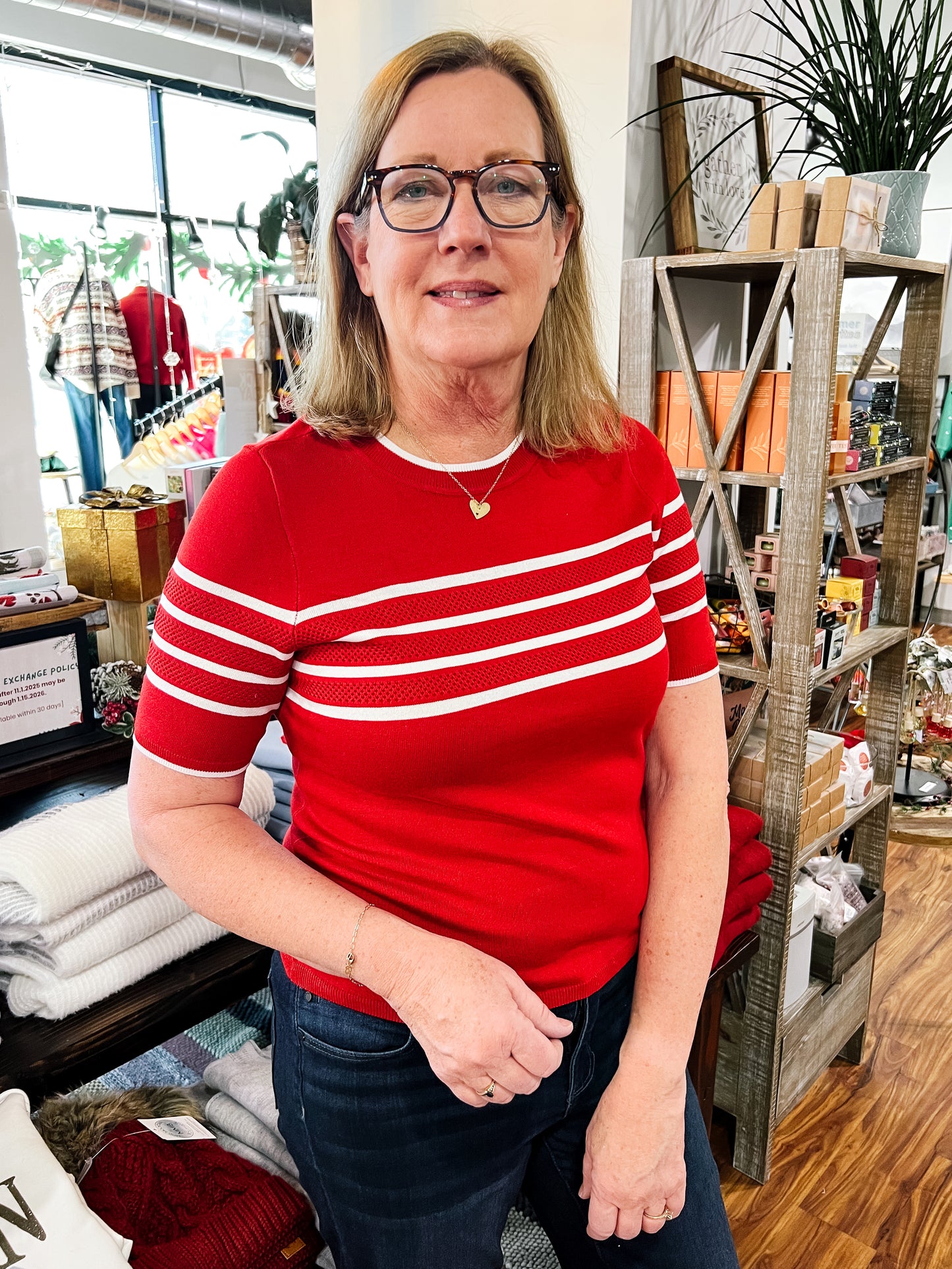 Red W/White Stripe Short Sleeve Sweater