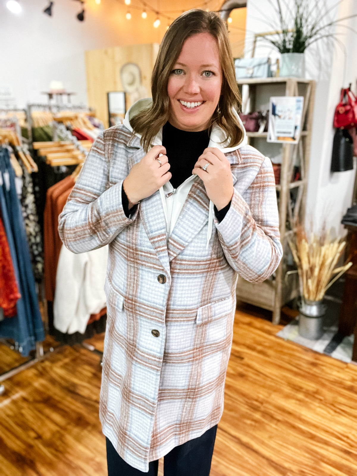 Plaid Car Coat w/ Removable Hood
