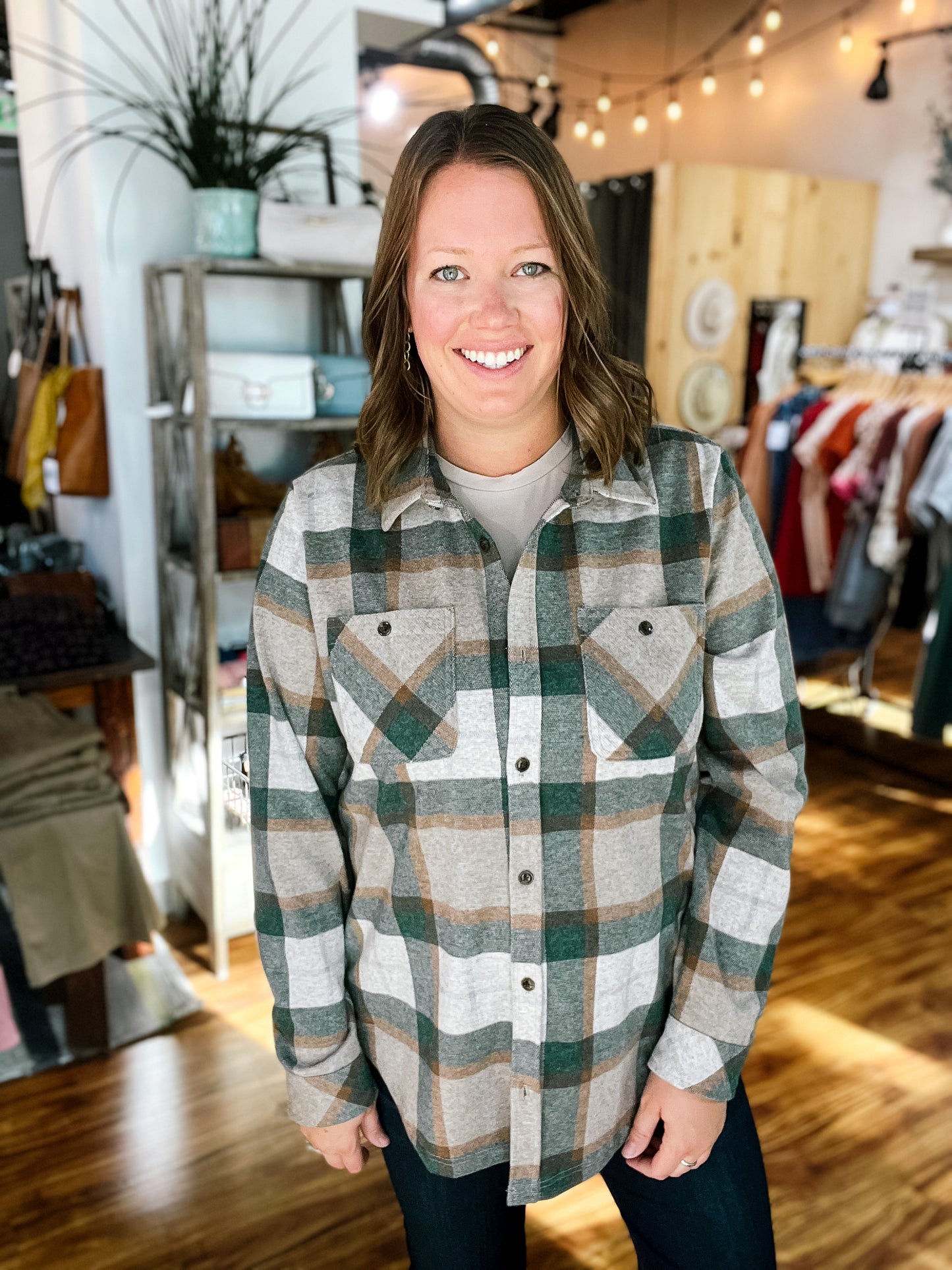 Green & Rust Plaid Flannel Shirt