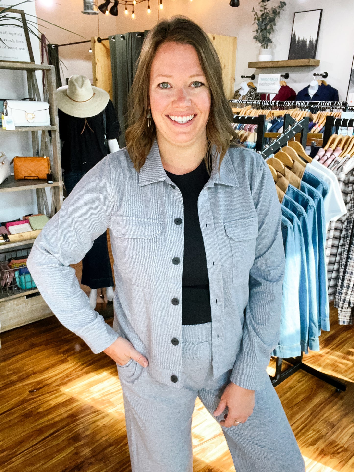 Charcoal Gray Mini Stripe Button Front Jacket