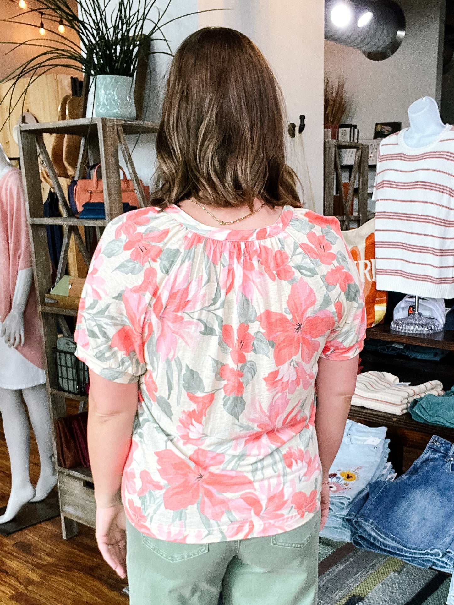 Beige W/Floral Henley Top