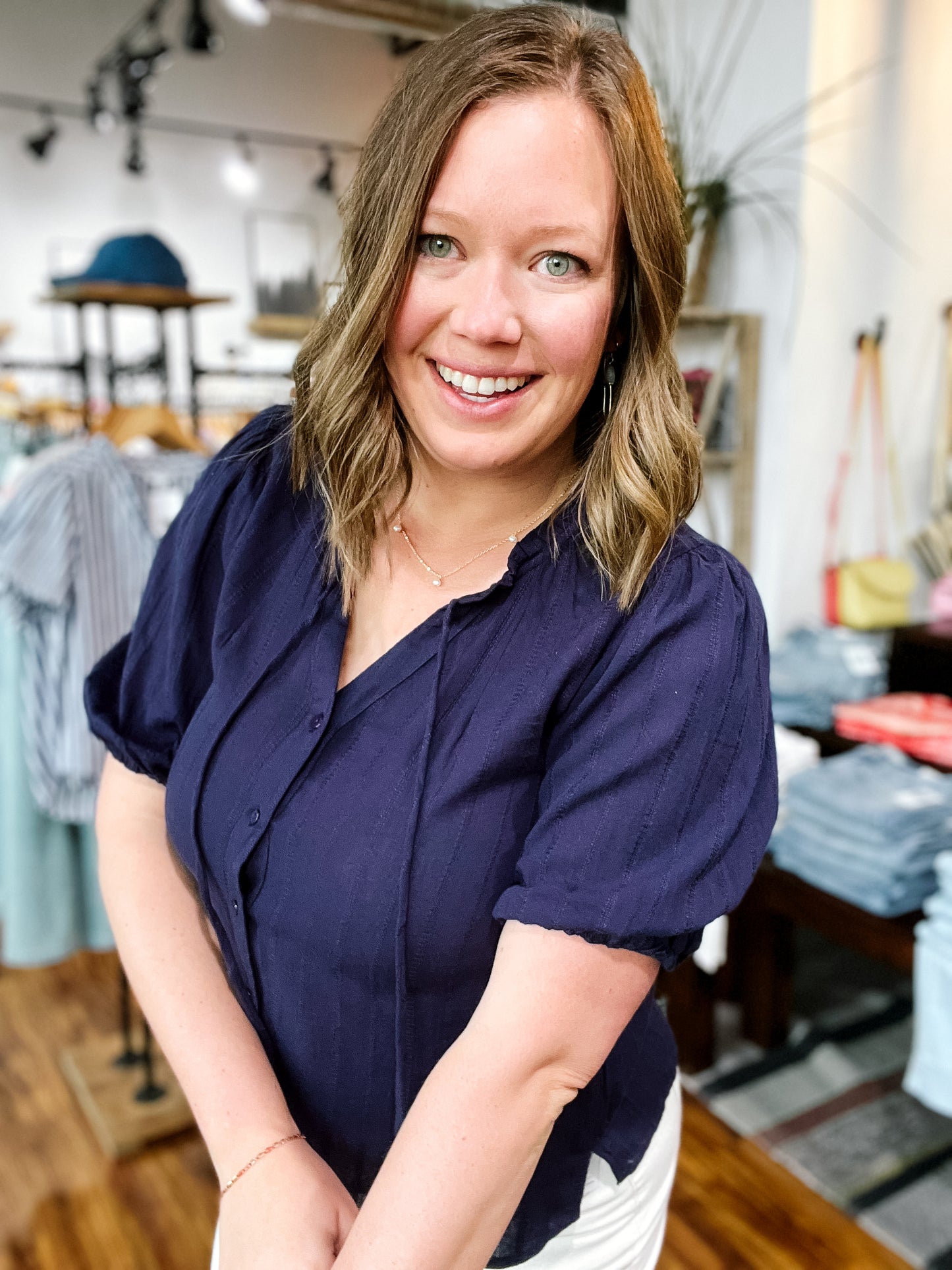 Navy Button Front Top