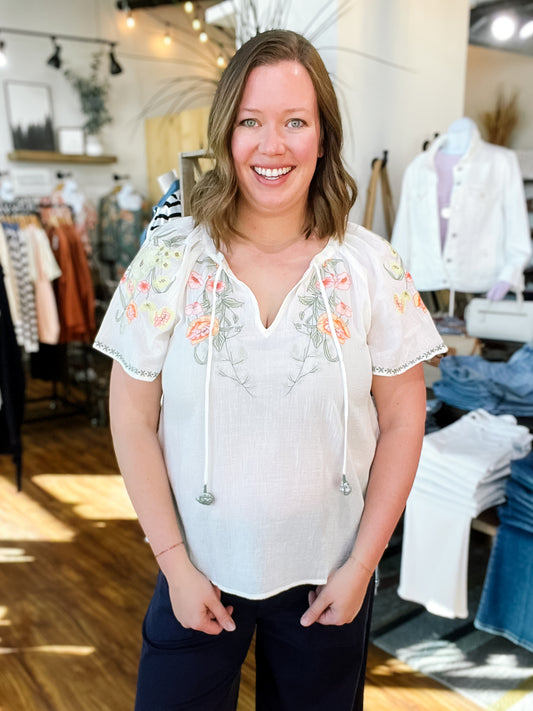 Cream W/ Floral Embroidery Short Sleeve Top