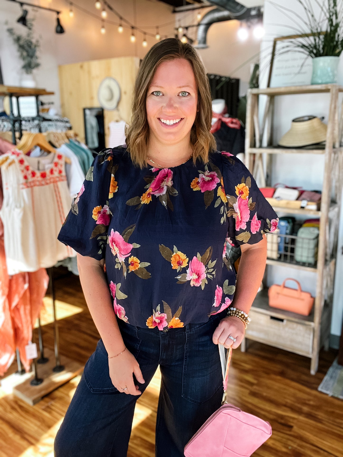 Navy Floral Puff Sleeve Top