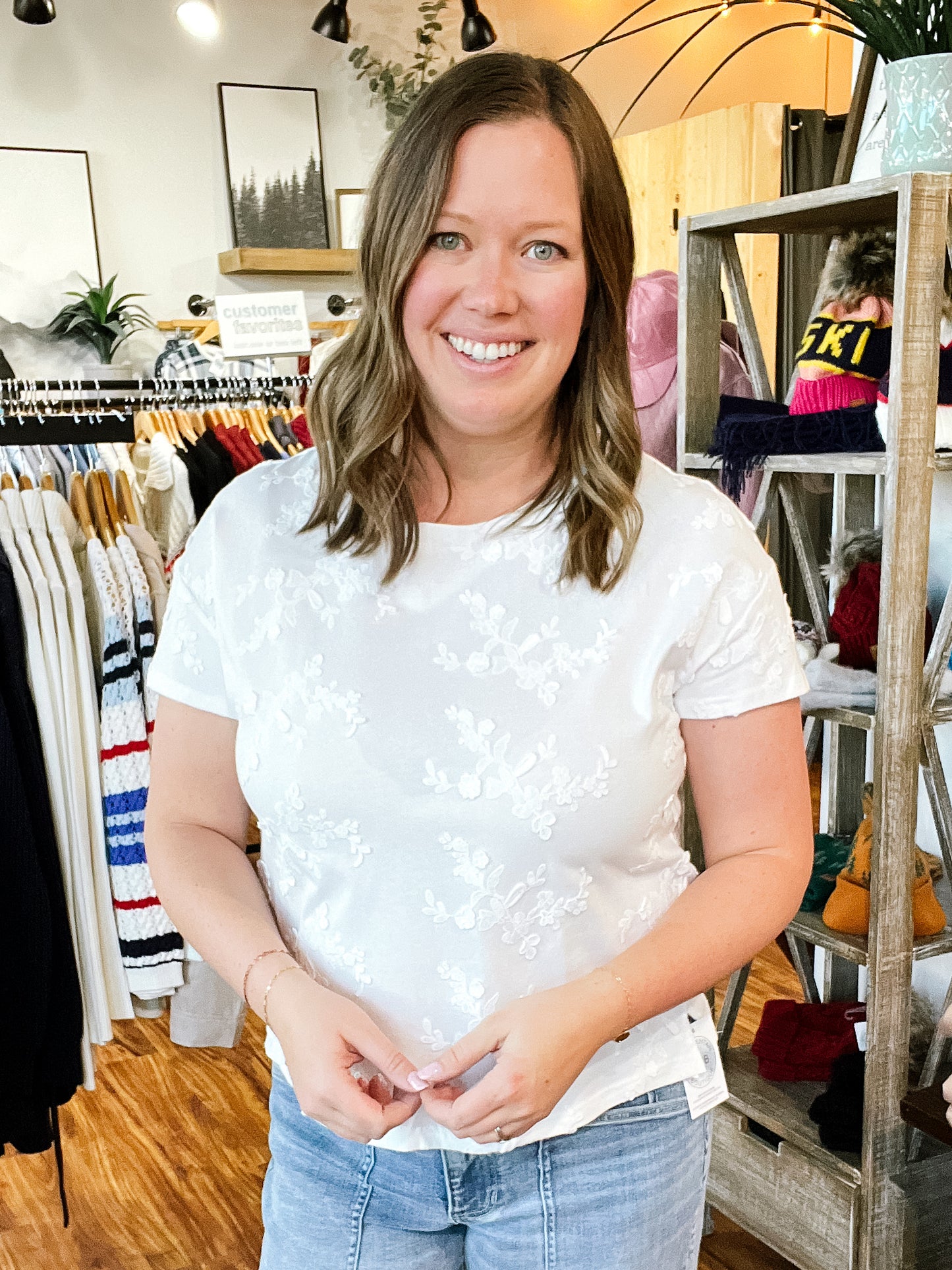 White W/Floral Embellishments Top