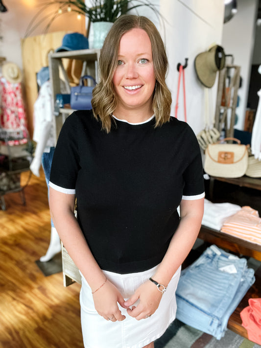 Black W/White Trim Short Sleeve Sweater