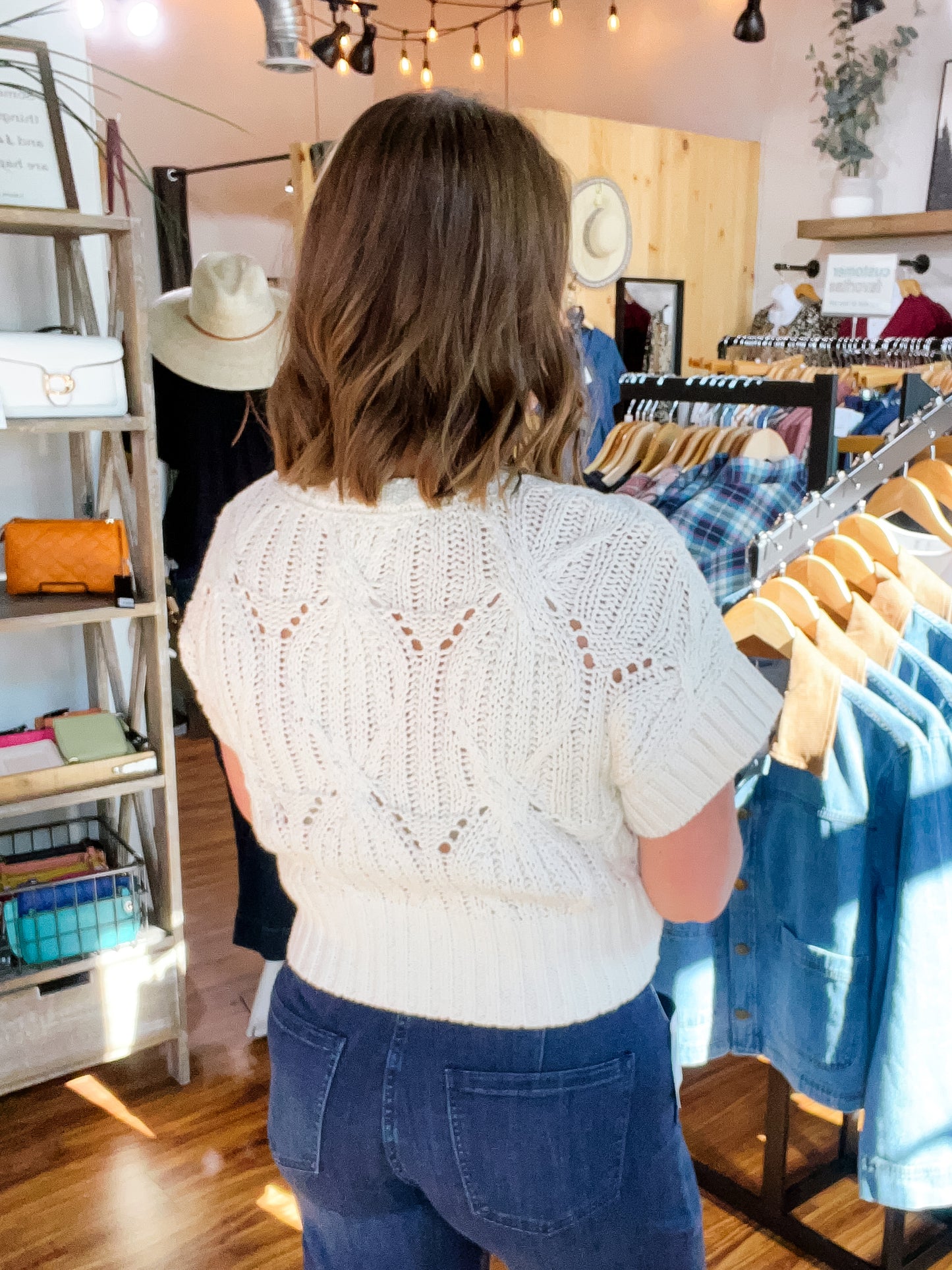Cream Crochet Short Sleeve Sweater