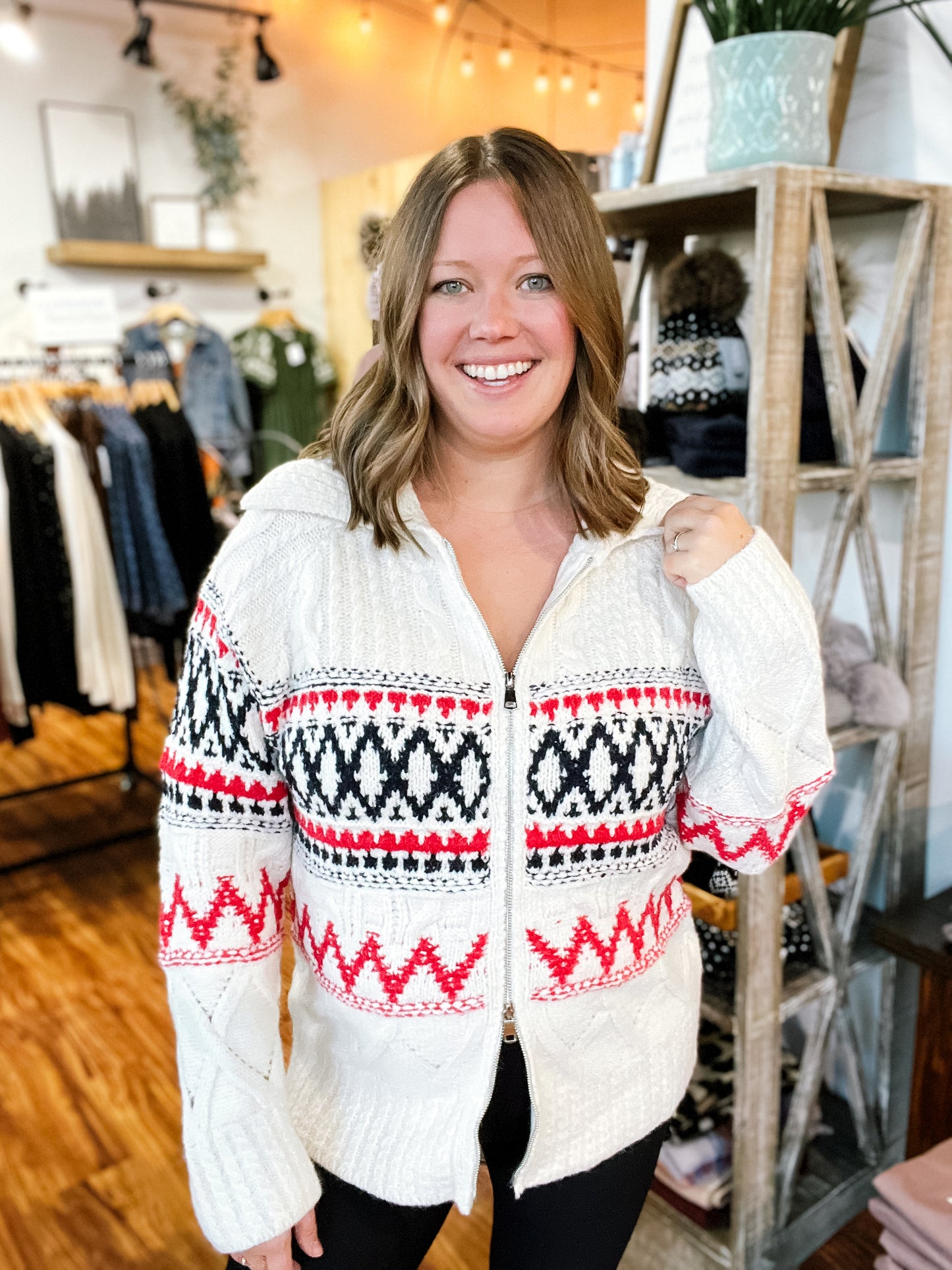 Ivory W/Red And Navy Zip Front Sweater