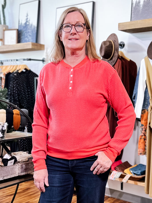 Coral Waffle Knit Henley Top
