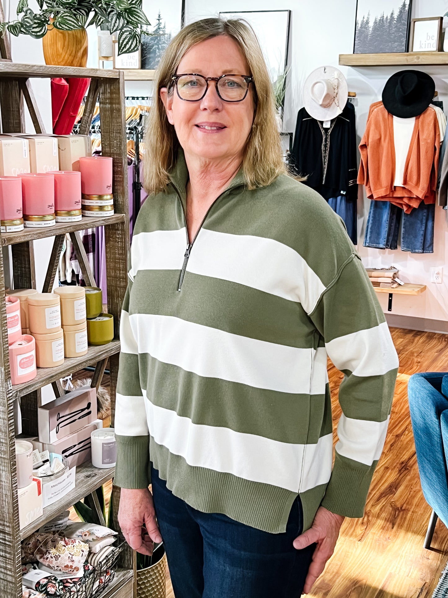 Olive & Ivory Stripe Quarter Zip Sweater