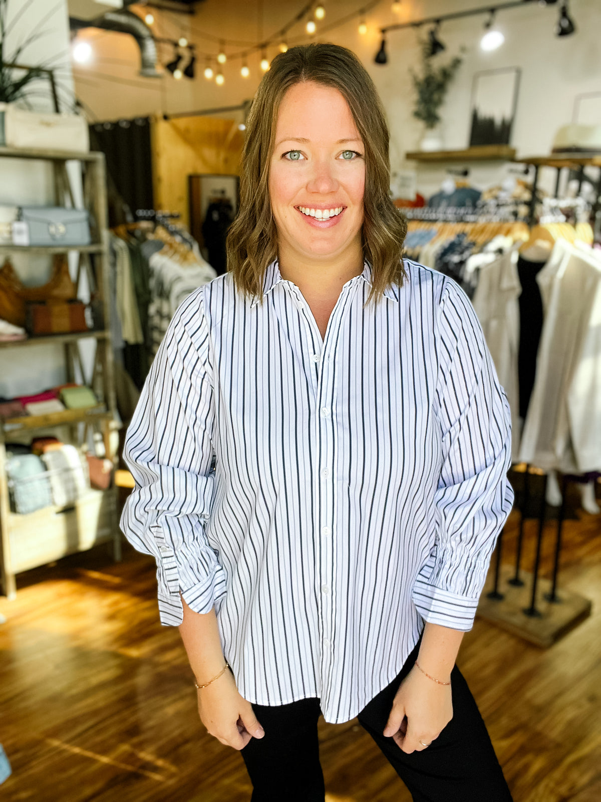 White & Blue Stripe Gather Sleeve Top