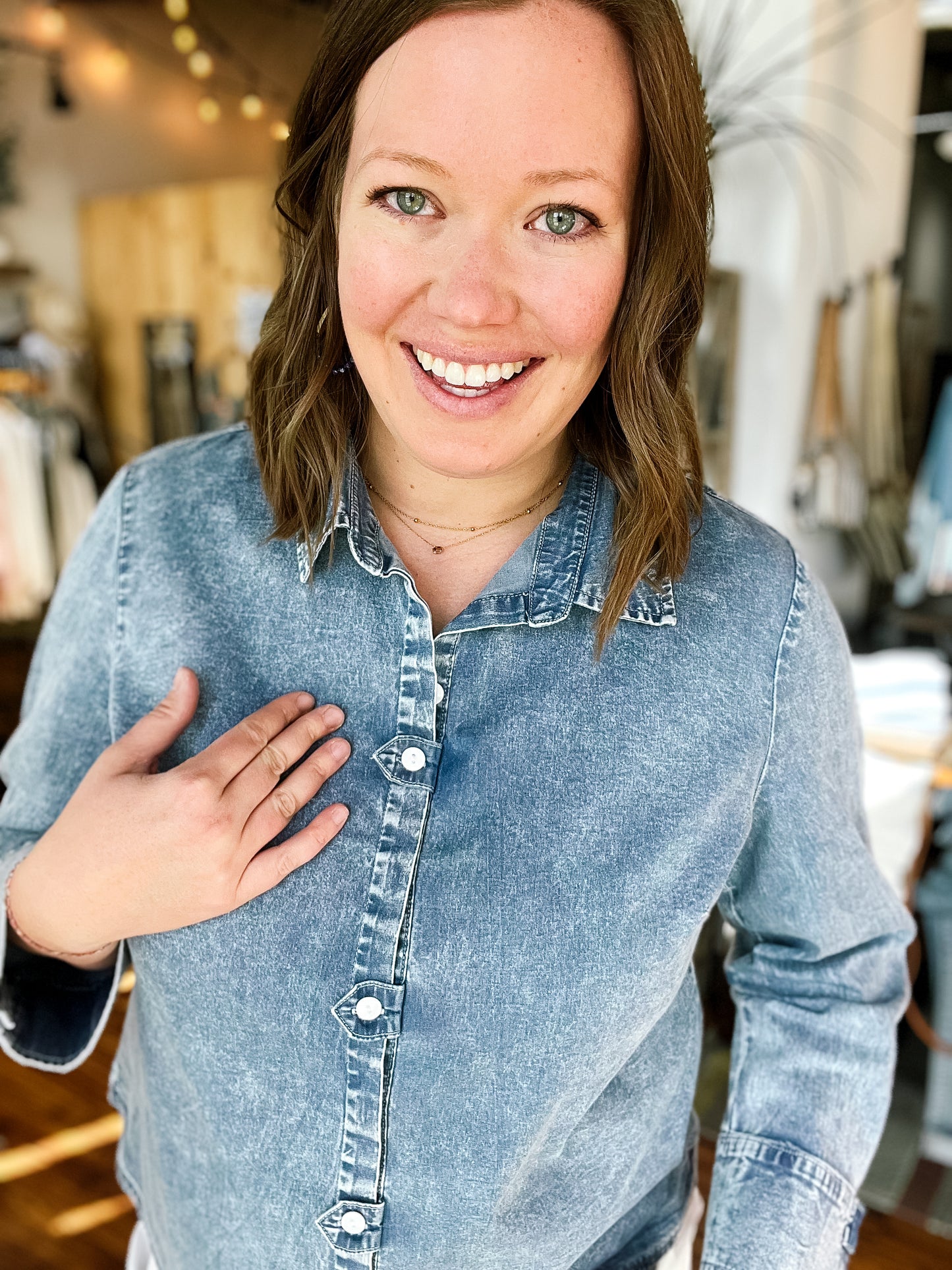 Chambray White Button Top