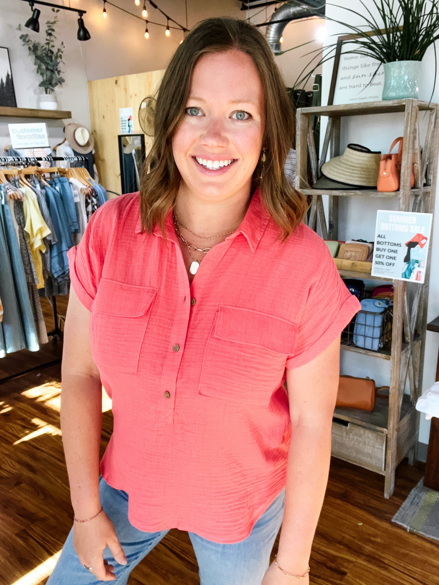 Coral Gauze Button Front Top
