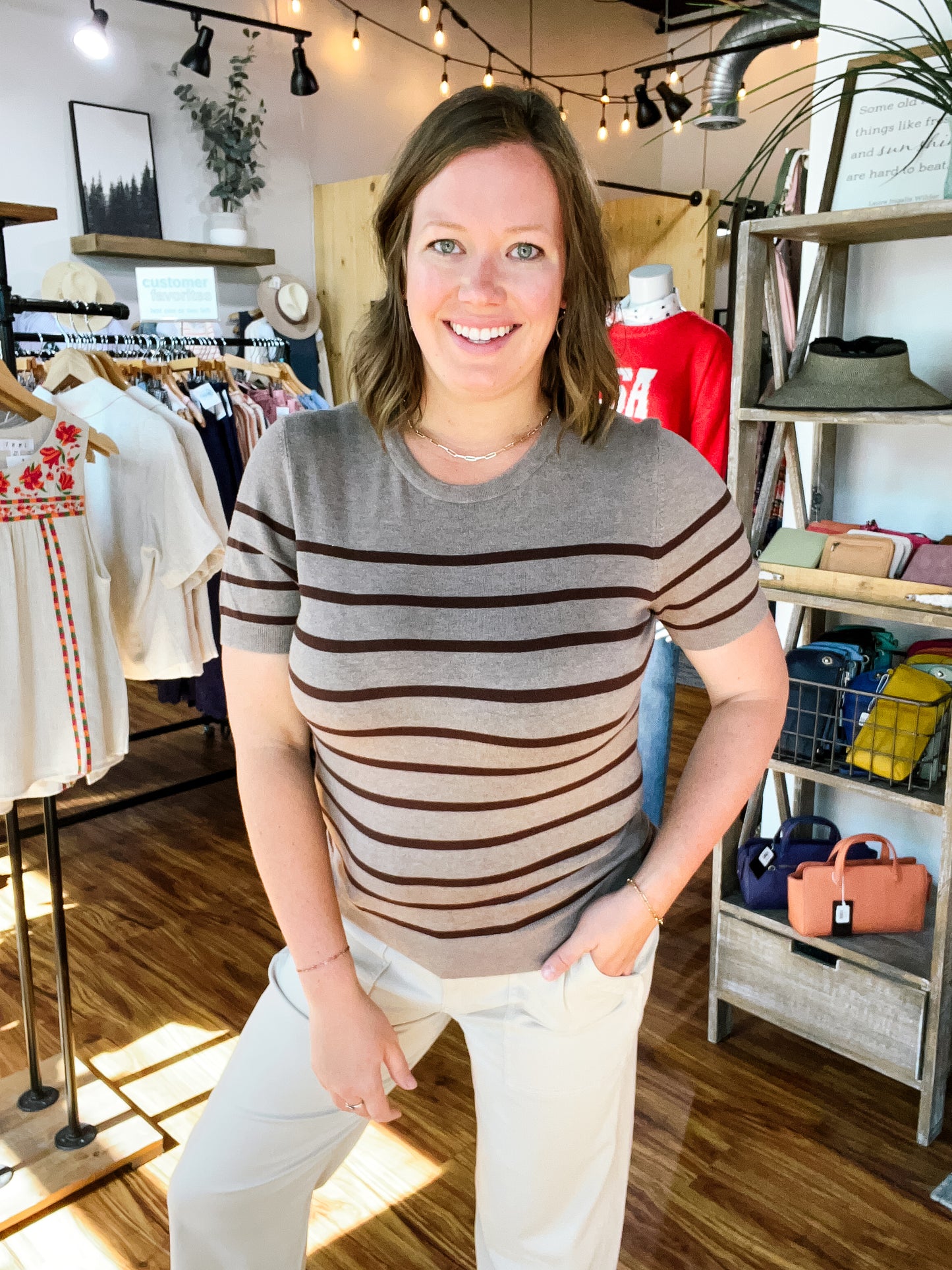 Hazelnut Stripe Short Sleeve Sweater