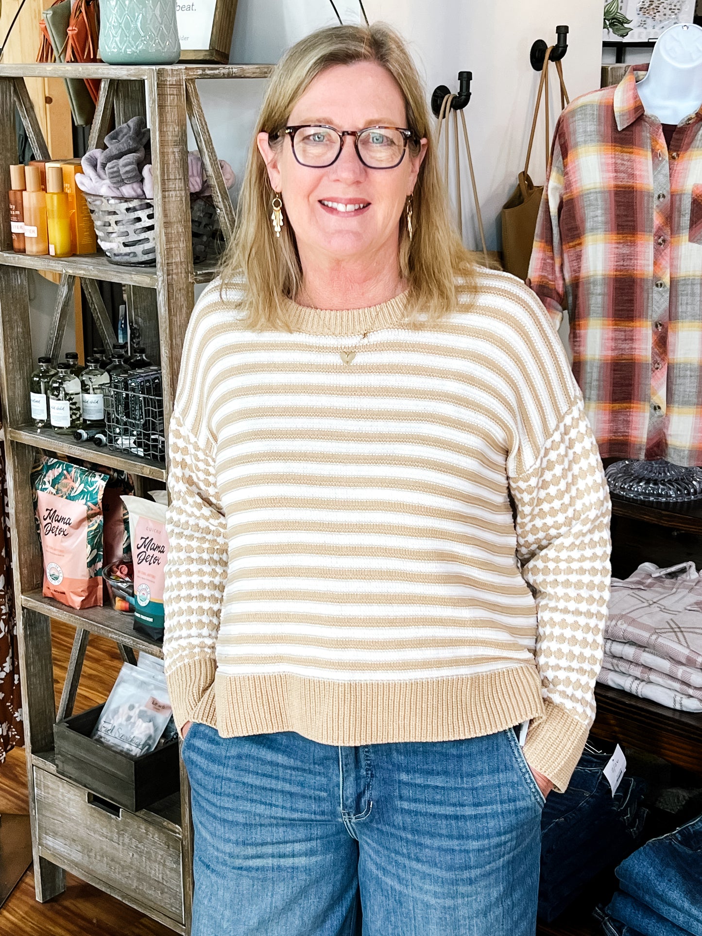 Taupe & White Stripe Sweater